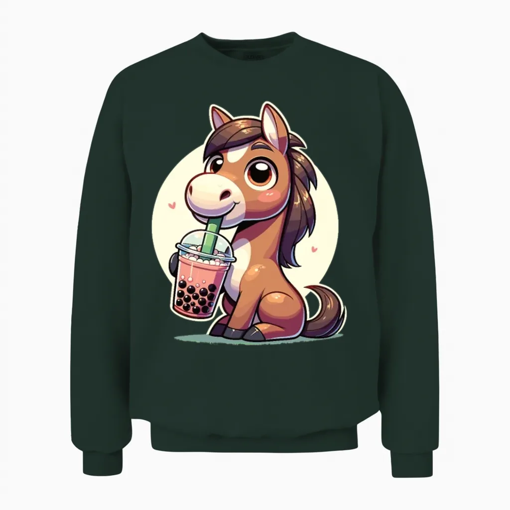 Kawaii Horses Bubble Tea Boba Horse Unisex Sweatshirt in Forest