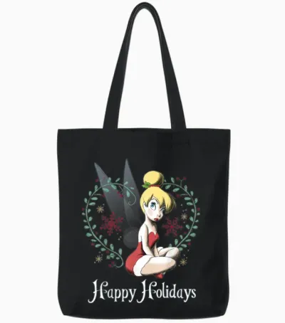 Disney Peter Pan Tinkerbell Happy Holidays Graphic Tote Bags - Black