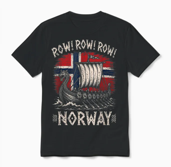 Row Row Row Norway Flag Funny Viking Longship Norse Uff Da Unisex T-Shirt in Black