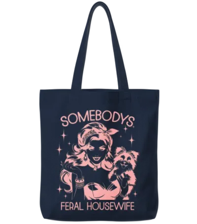 Somebodys Feral Retro Housewife Puppy Tote Bags - Navy