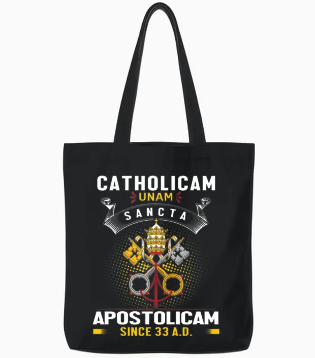 One Holy Catholic & Apostolic Church Latin Design Tote Bags in Black
