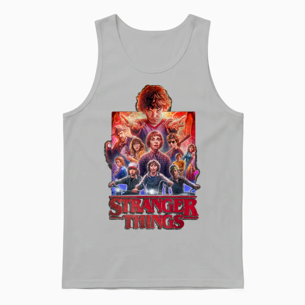 Stranger Things Group Poster T-Shirt, Black, S Unisex Tank Top in Ash