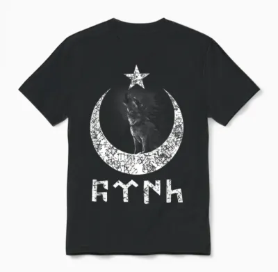 Türk Göktürk Writing Hilal & Yildiz & Bozkurt Design T-Shirt, Black, S Unisex T-Shirt - Black