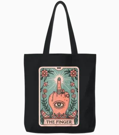 Tarot Card the Finger Graphic Vintage Gothic Art Middle Finger T-Shirt, Black Tote Bags - Black