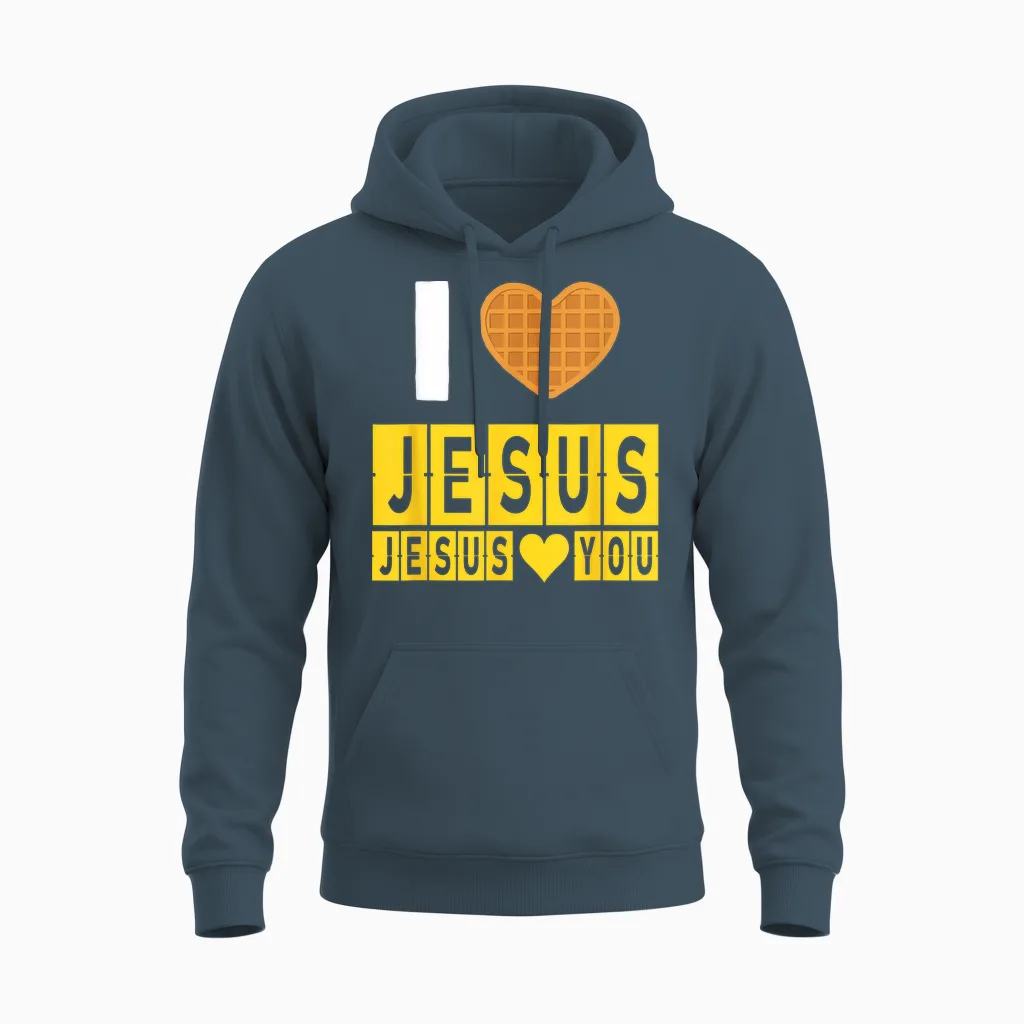 I Love Jesus Waffle Heart Jesus Loves You Funny Breakfast Unisex Hoodie in Dark Heather
