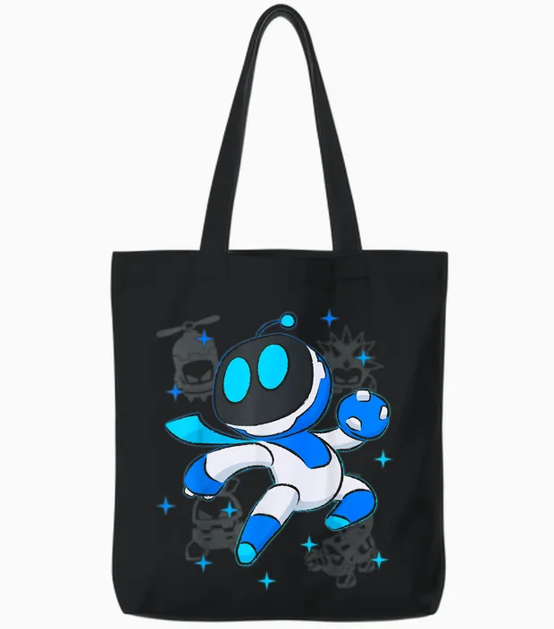 Astrobot Playstation's Astro Bot Fighting Enemies in Space Tote Bags in Black