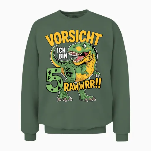 5th Birthday Dinosaur Gift 5 Years Kids T-Rex Dino Unisex Sweatshirt - Military Green