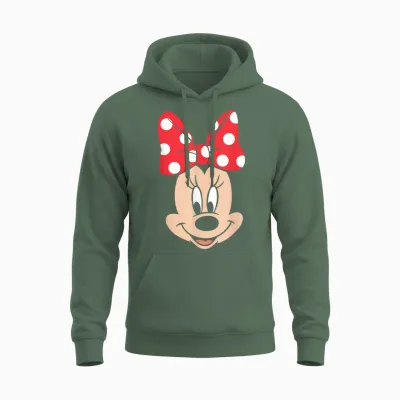 Disney Minnie Mouse Polka Dot Bow Big Face Unisex Hoodie - Military Green