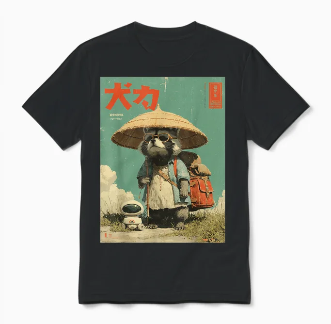 Vintage Otaku Tanuki Japanese Cute Raccoon Raccoon Samurai Unisex T-Shirt in Black