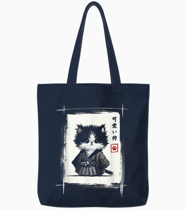 Samurai Cat Japanese Art Sumi-E Novelty Kawaii Funny Cat Tote Bags in Navy