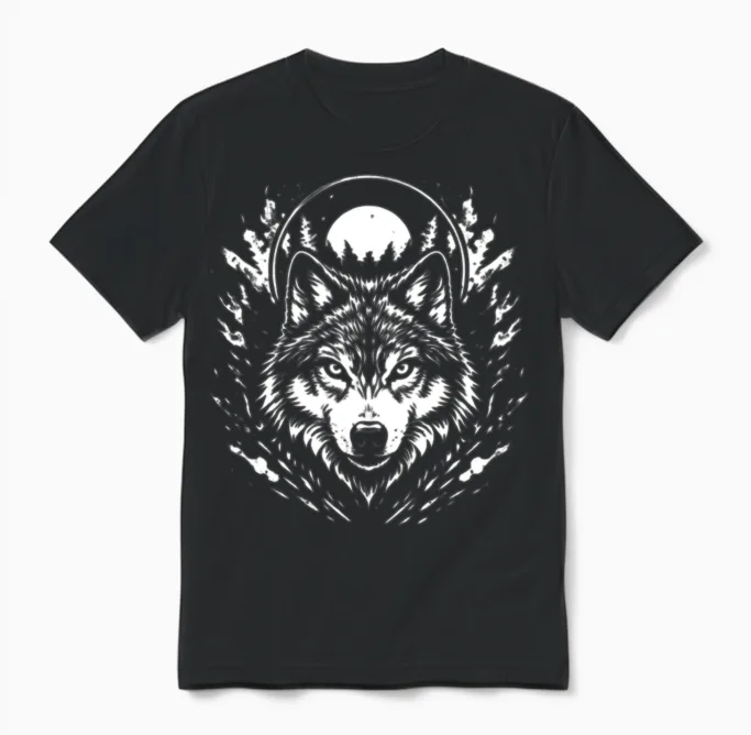 Moonlit Wolf Crest Wildlife Gift Unisex T-Shirt in Black
