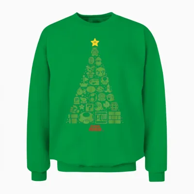 Super Mario Item Characters Christmas Tree Graphic Short Sleeve T-Shirt Black Unisex Sweatshirt - Irish Green