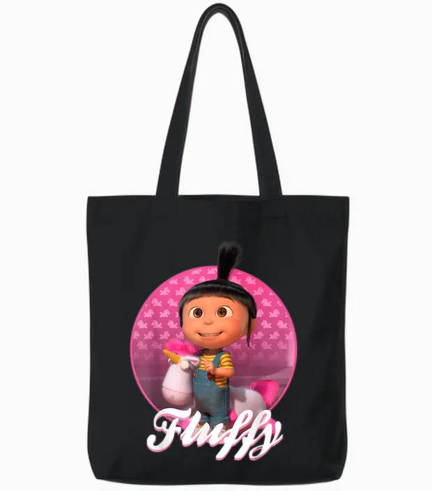 Portrait Despicable Me Agnes and Papoy Fluffy Circle Tote Bags in Black