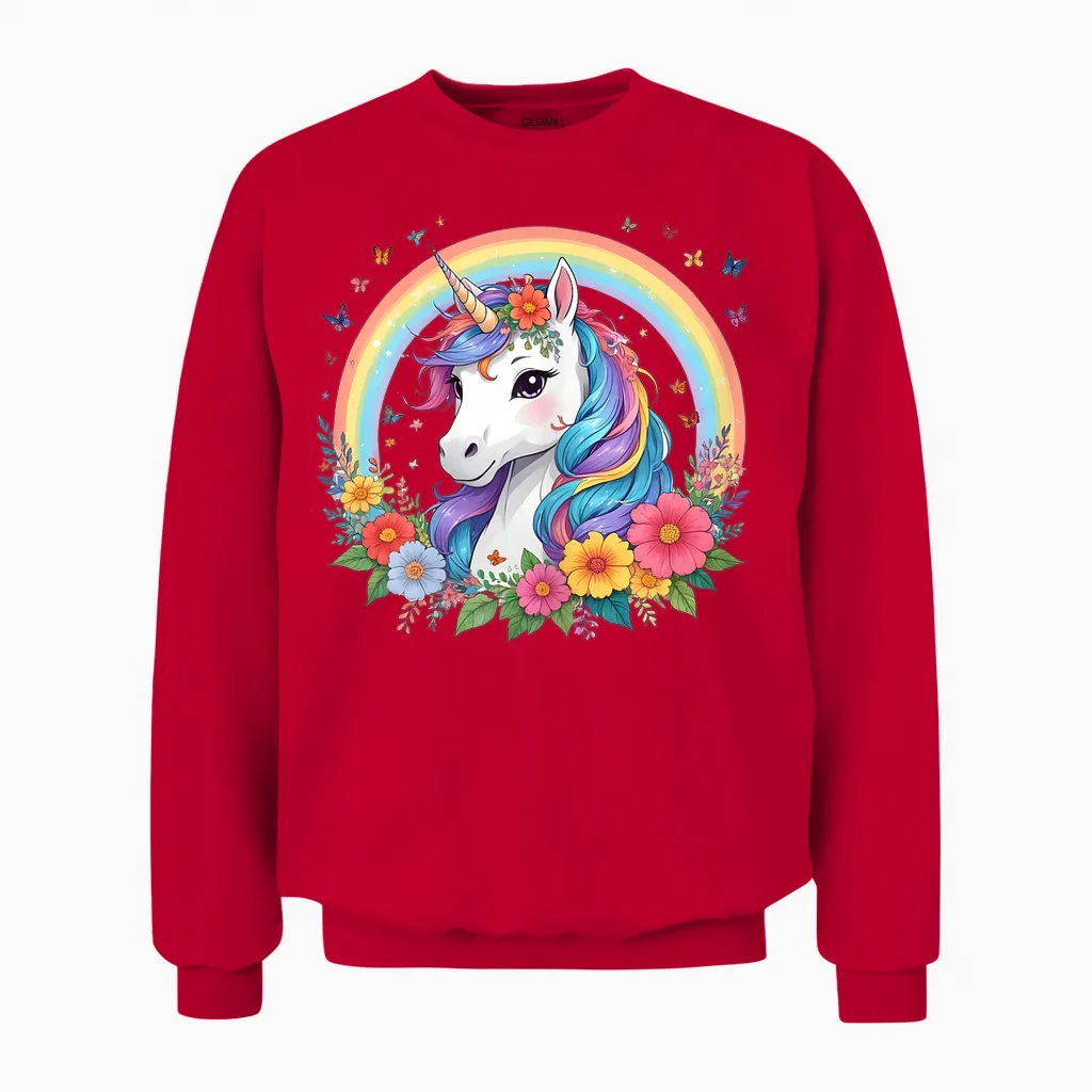 Cute Unicorn Girl with Rainbow Unicorn Unisex Sweatshirt in Red