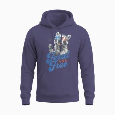 Feral & Free Funny Patriotic Racoon Feral and Free 4th July Unisex Hoodie - Heather Sport Dark Navy