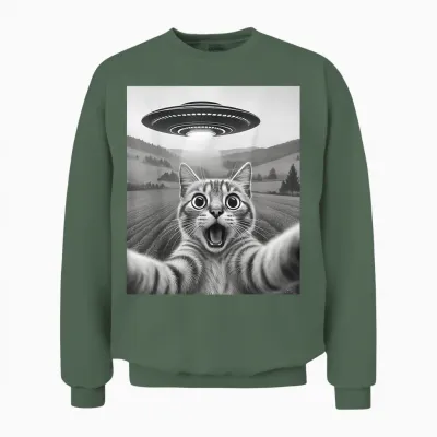 Cat Selfie with Alien Ufo Funny Gift Men Women Unisex Sweatshirt - Military Green