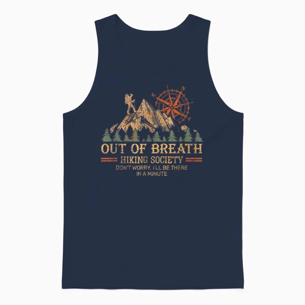 Out of Breath Hiking Society for Men Women Hiker Nature Love Unisex Tank Top in Navy