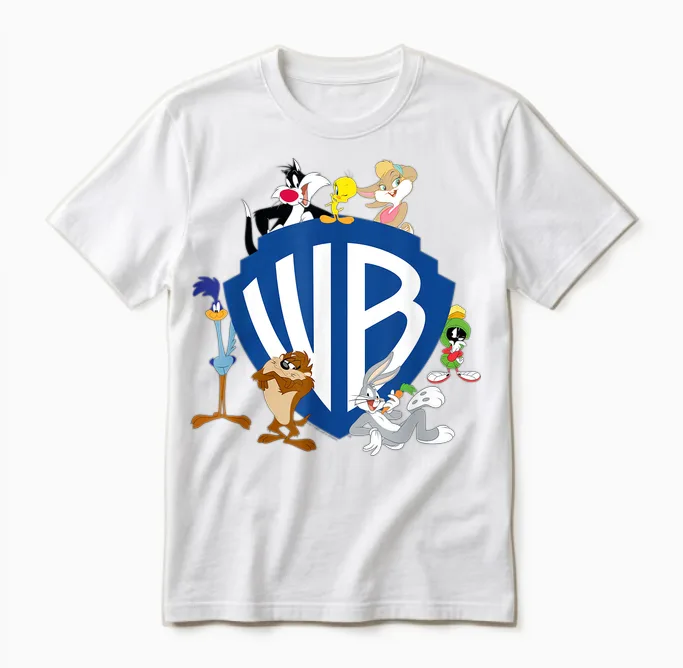 Wb 100: Looney Tunes Wb Shield Logo with Bugs, Taz, Tweety T-Shirt, Gray Unisex T-Shirt in White