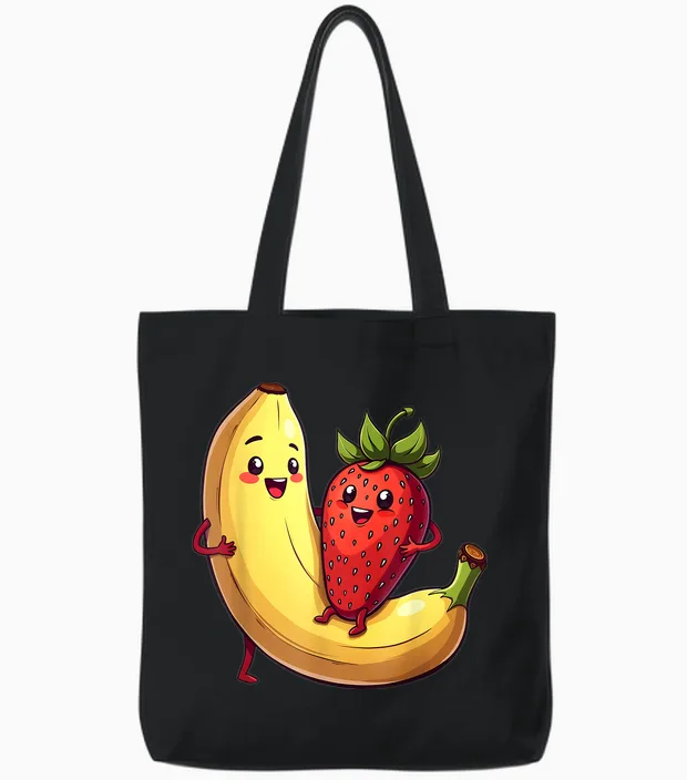 Erdbeere Banane Outfit Früchte Obst Kawaii Frucht Comic Tote Bags in Black