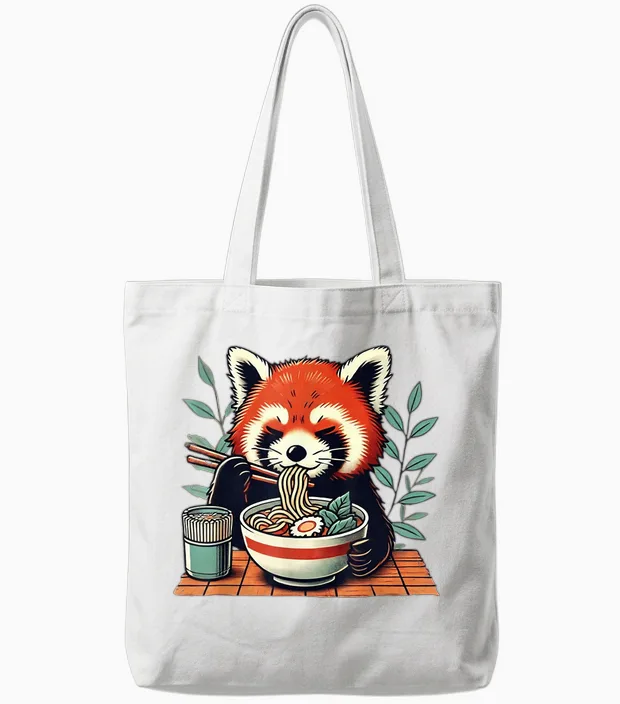 Red Panda Humor Red Panda Eating Noodles Ramen T-Shirt, Black, S Tote Bags in White