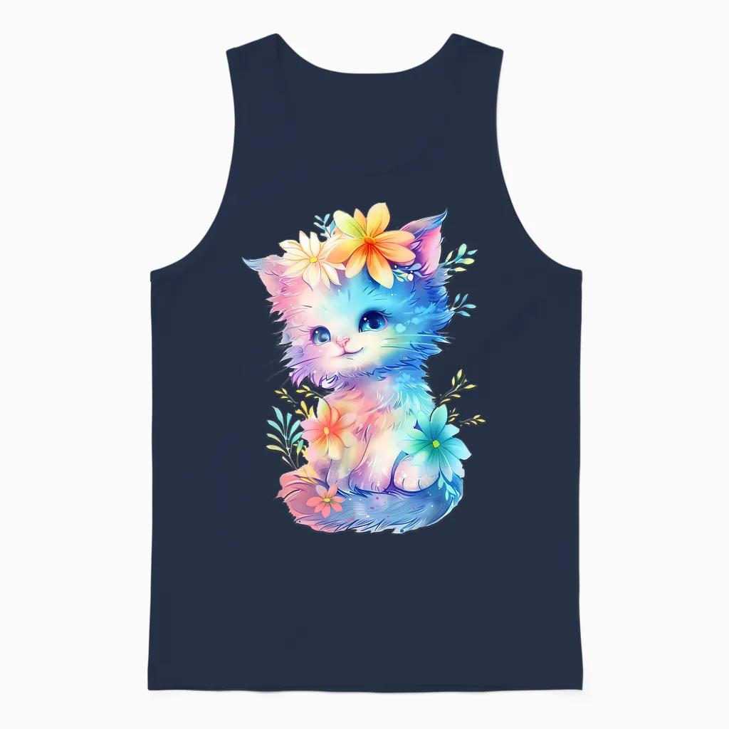 Baby Cat with Flowers Cute Cats Kitten Girls Daughter T-Shirt, White Unisex Tank Top in Navy