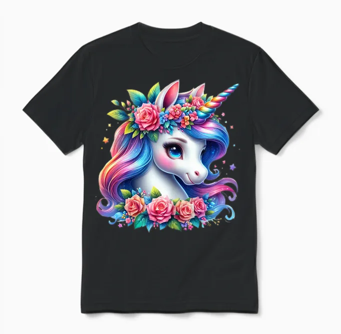 Cute Unicorn with Rainbow Mane Flowers Unicorn Unisex T-Shirt in Black
