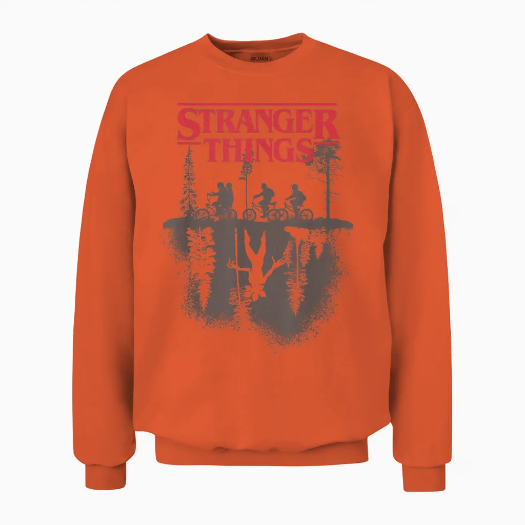 Stranger Things Silhouette Forest Logo T-Shirt, White, S Unisex Sweatshirt in Orange