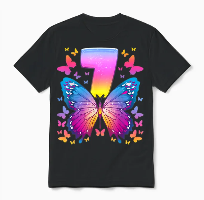 7th Birthday Girl 7 Years Butterfly Number 7 T-Shirt, Black Unisex T-Shirt in Black