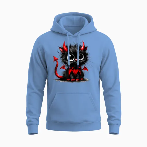 Süße Katze Kätzchen Halloween Schwarz Teufel Cartoon T-Shirt, Black Unisex Hoodie in Carolina Blue