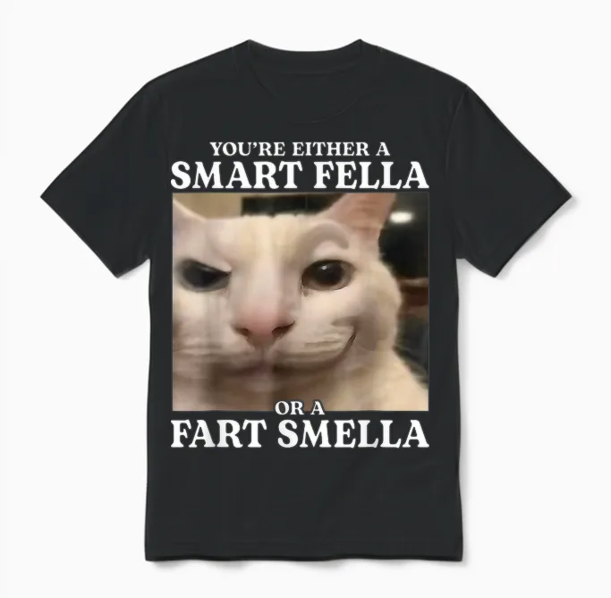 You're Either a Smart Fella or a Fart Smella Funny Cat Meme Unisex T-Shirt in Black