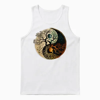 Spiritual Yin Yang Buddhist Tree of Life T-Shirt, Black Unisex Tank Top - White