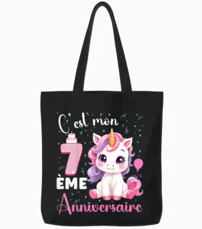 Enfant C'est Mon 7 ème Anniversaire Unicorn Birthday 7 Years T-Shirt, Black, 2 Tote Bags - Black