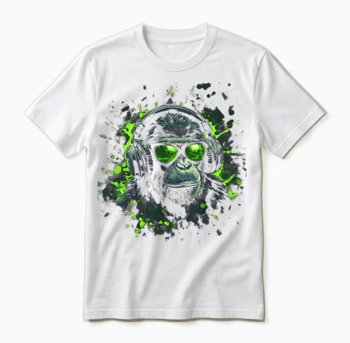 Dj Cool Pop Art Print Techno Festival Outfit Boys Monkeys Long Sleeve Shirt, Black, S Unisex T-Shirt in White