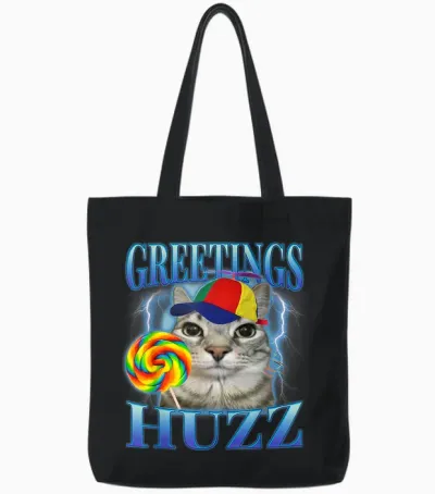 Lollipop Cat Meme Greetings Huzz Funny Silly Cats Brainrot T-Shirt for Men Women Kids Tote Bags - Black