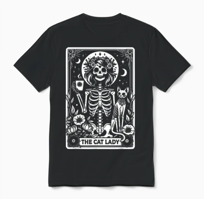 Tarot Card the Cat Lady Skeleton Cats Mum Tarot Cards T-Shirt, Black Unisex T-Shirt in Black