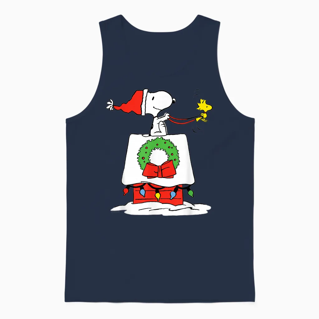 Peanuts Holiday Snoopy's Doghouse Sleigh Unisex Tank Top in Navy