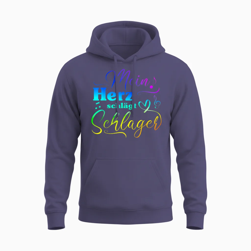 T-Shirt with German Text "my Heart Beats for Schlagermusik" [, Black Unisex Hoodie in Heather Sport Dark Navy