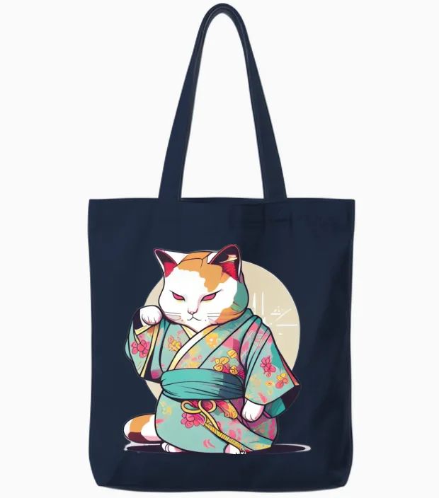 Cat Kimono Lovers Gift Tote Bags in Navy