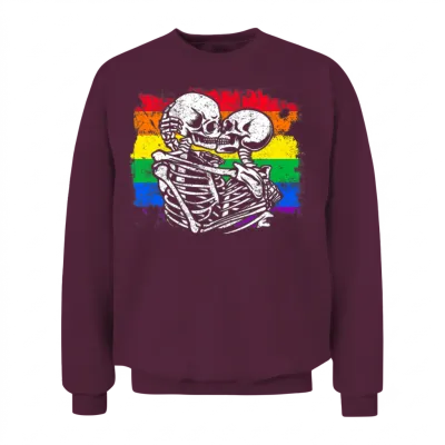 Gay Couple Skeletons Kissing Lgbt Pride Valentines Unisex Sweatshirt - Maroon