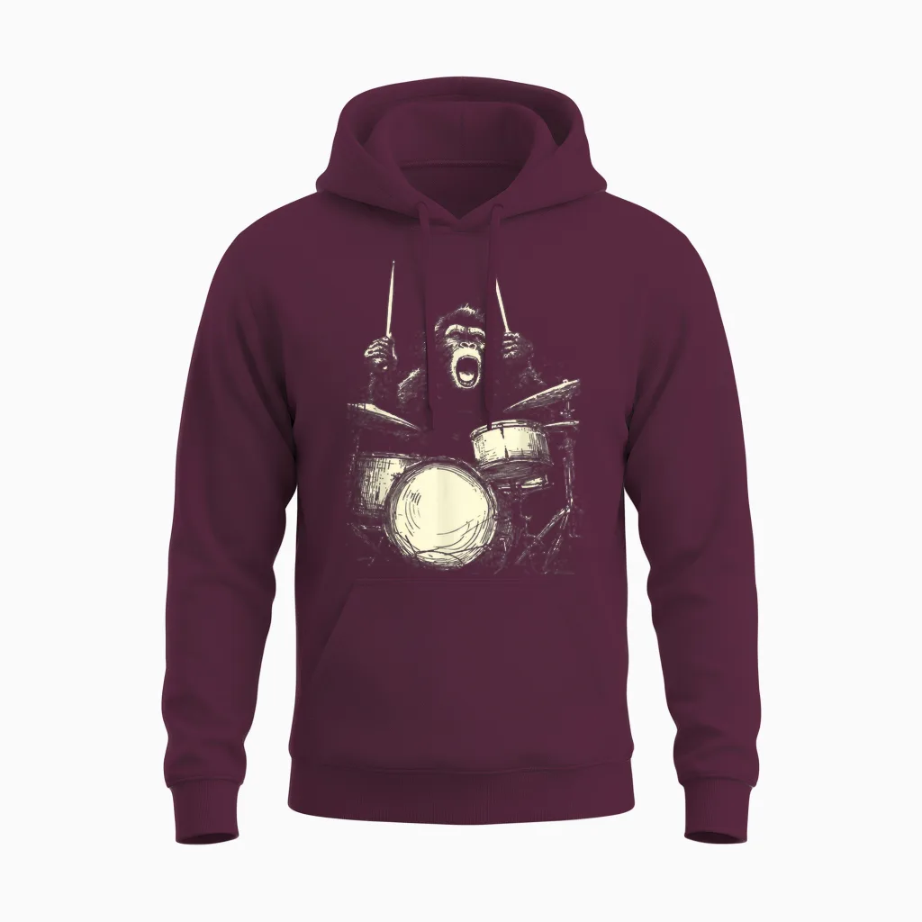 Chimp Playing Drums Funny Music Animal Drummer Unisex Hoodie in Maroon