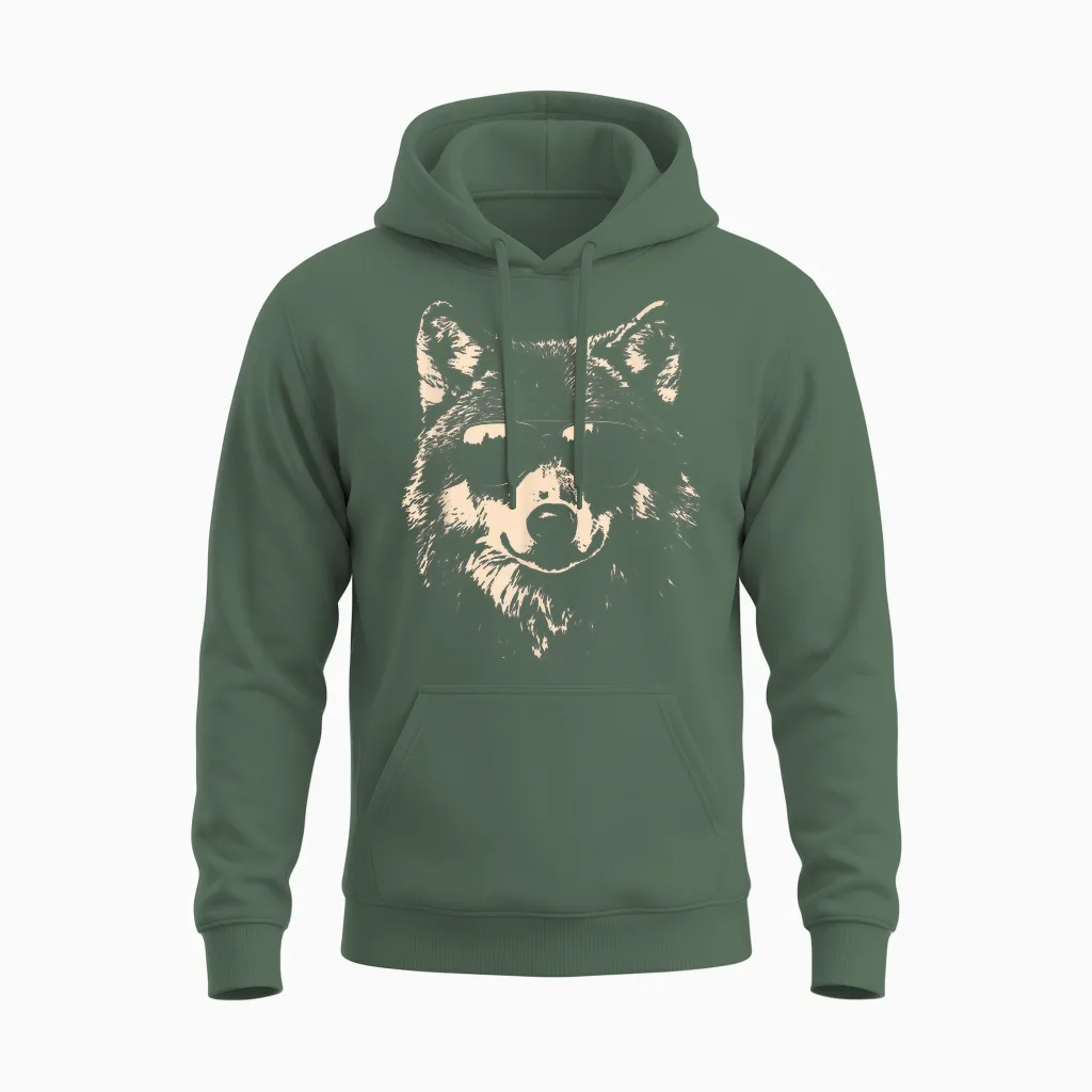 Funny Wolf Cool Rock and Roll Graphic Unisex Hoodie in Military Green