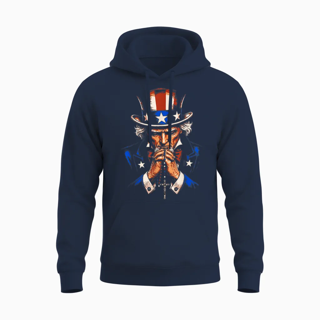 Uncle Sam Praying Rosary Patriotic Christian American Prayer Unisex Hoodie in Navy