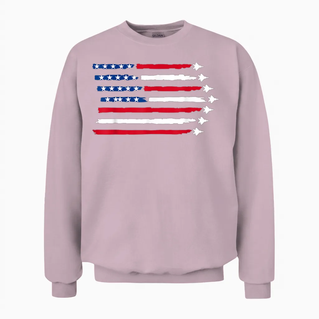 Us American Flag Fighter Jets Patriotic Usa 4th of July Unisex Sweatshirt in Light Pink