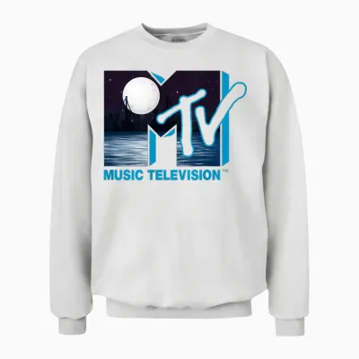 Mademark X Mtv - the Official Original Mtv Logo with Full Moon Above the City Unisex Sweatshirt - White