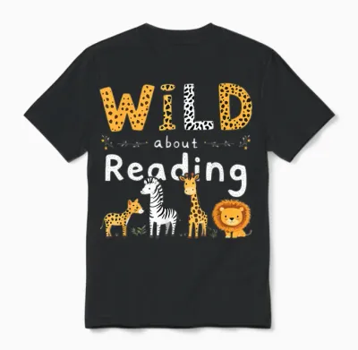 Animal Print Read a Book Character Kids Wild About Reading Unisex T-Shirt - Black