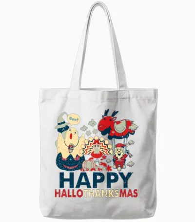 Retro Happy Hallowthanksmas for Halloween Tote Bags - White