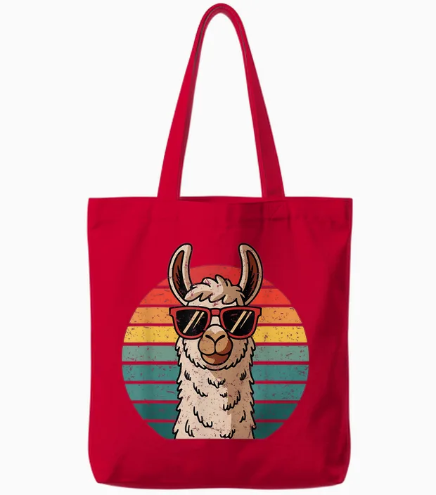 Retro Style Alpaca with Sunglasses Funny Animal Cool Llama T-Shirt, Black Tote Bags in Red