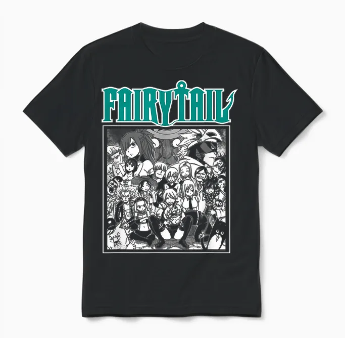 Fairy Tail Manga Black and White Group Shot Anime Unisex T-Shirt in Black
