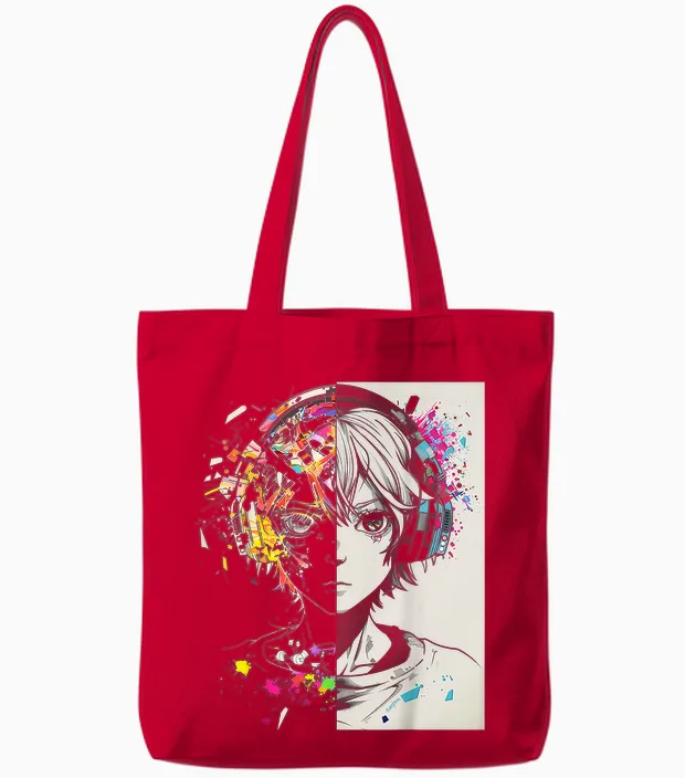 Anime Manga Pattern Helmet Illustration Anime T-Shirt, Black, S Tote Bags in Red
