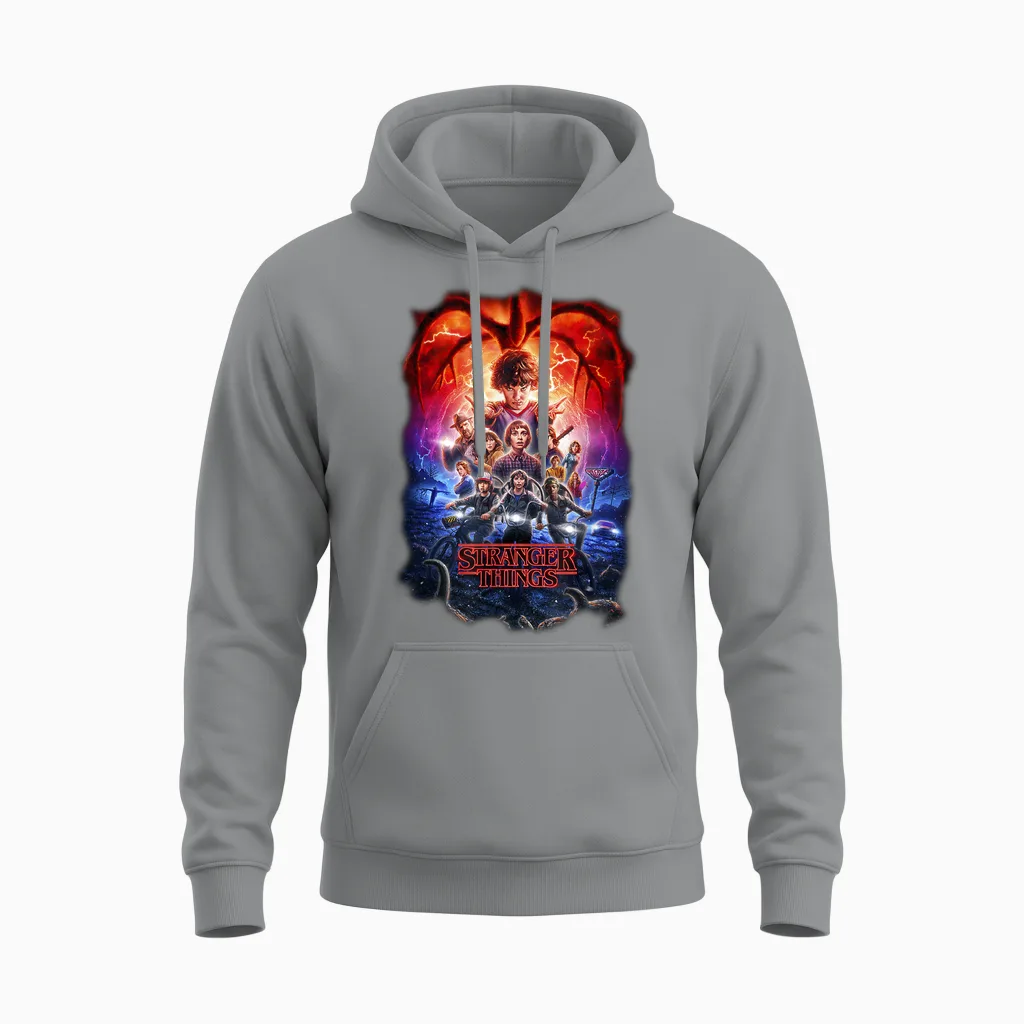 Stranger Things Group Shot Poster Fade Unisex Hoodie in Sport Grey